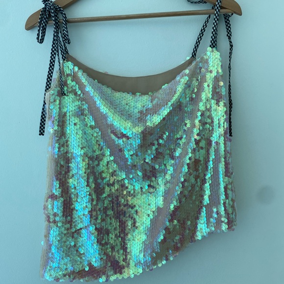 Iridescent sequined top with gingham straps - Picture 3 of 5